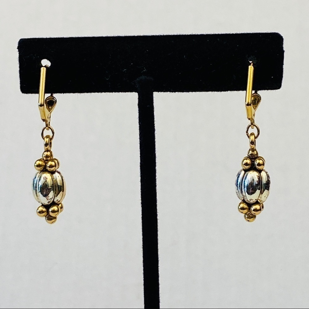 Earring dangle silver and gold cabochon and dragées. With lever back hooks - Picture 5 of 7